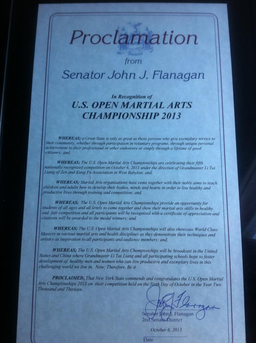 Proclamation awarded to the US Open Martial Arts Championship by Senator John Flanagan