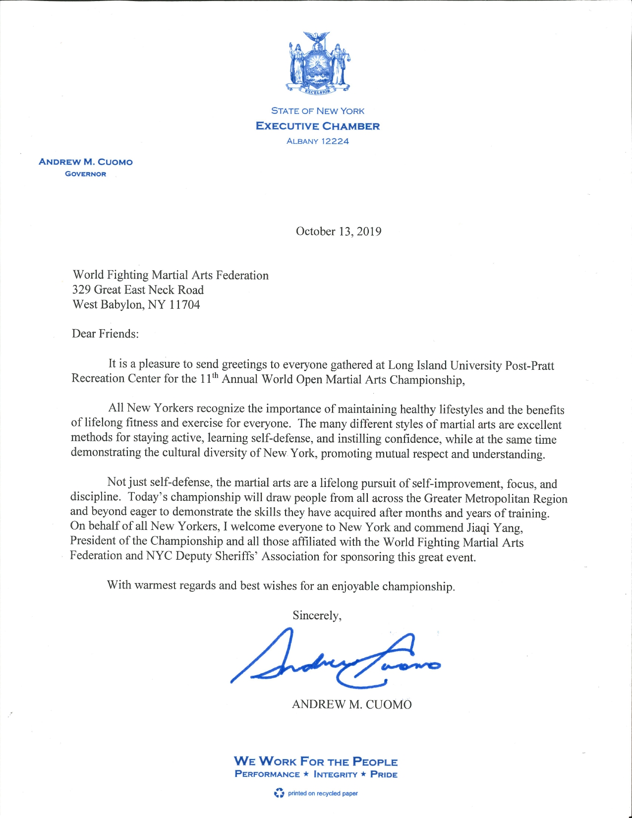 纽约州州长Andrew Cuomo表彰信